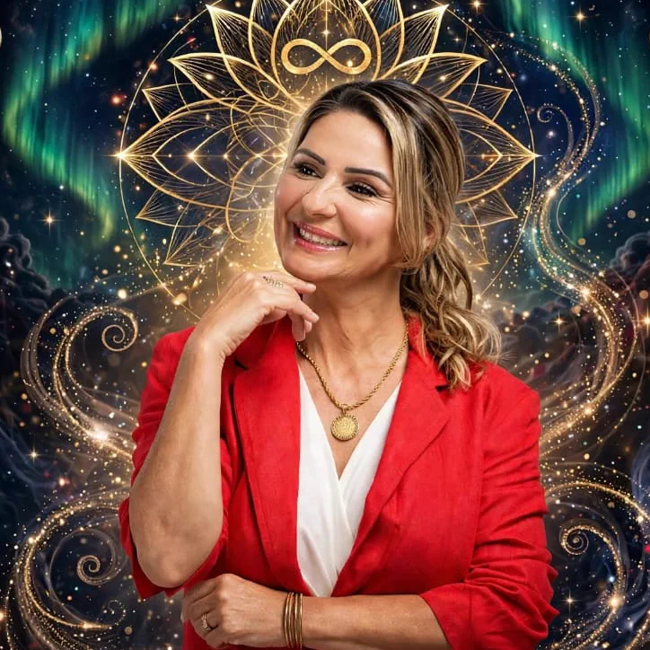 Retrato de Dinara Schio sorrindo, de blazer vermelho, com uma mandala dourada atrás.