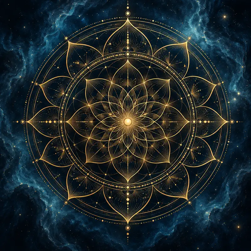 Mandala dourada geométrica sobre uma nebulosa azul escura.