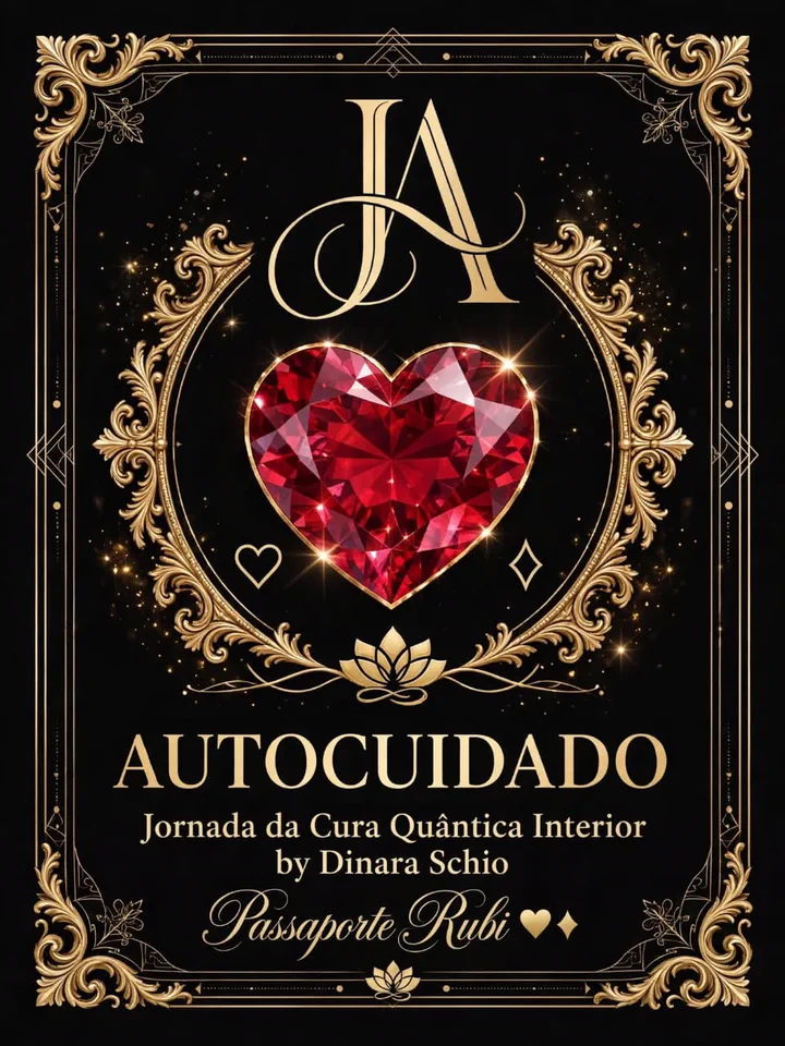 Capa do Passaporte Rubi: um coração de rubi lapidado numa moldura dourada, com o monograma JA e o nome Autocuidado.