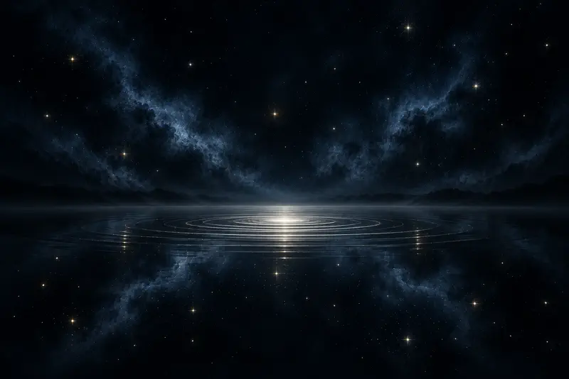 Um lago escuro e calmo à noite, espelhando as estrelas, com uma luz prateada que abre ondas no centro.