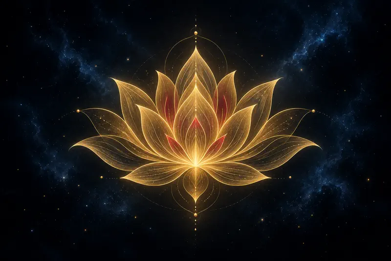 Uma flor de lótus de luz dourada, com detalhes em rubi, abrindo as pétalas no céu noturno.