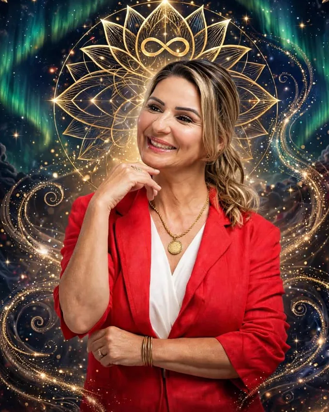 Retrato de Dinara Schio sorrindo, de blazer vermelho, com uma mandala dourada atrás.