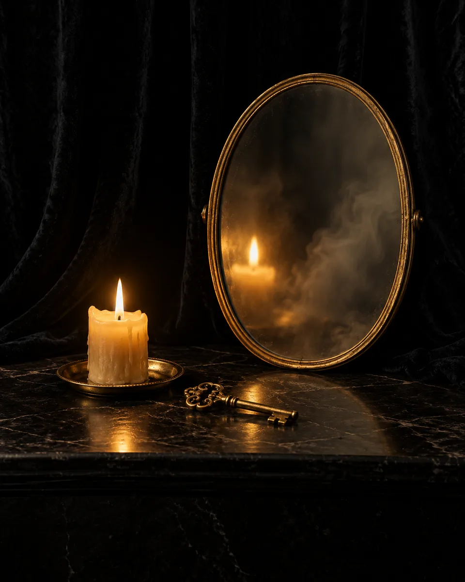 Sobre uma mesa de pedra negra, uma vela acesa num pires dourado, uma chave antiga dourada e um espelho oval de moldura dourada que reflete só a chama da vela e uma névoa.