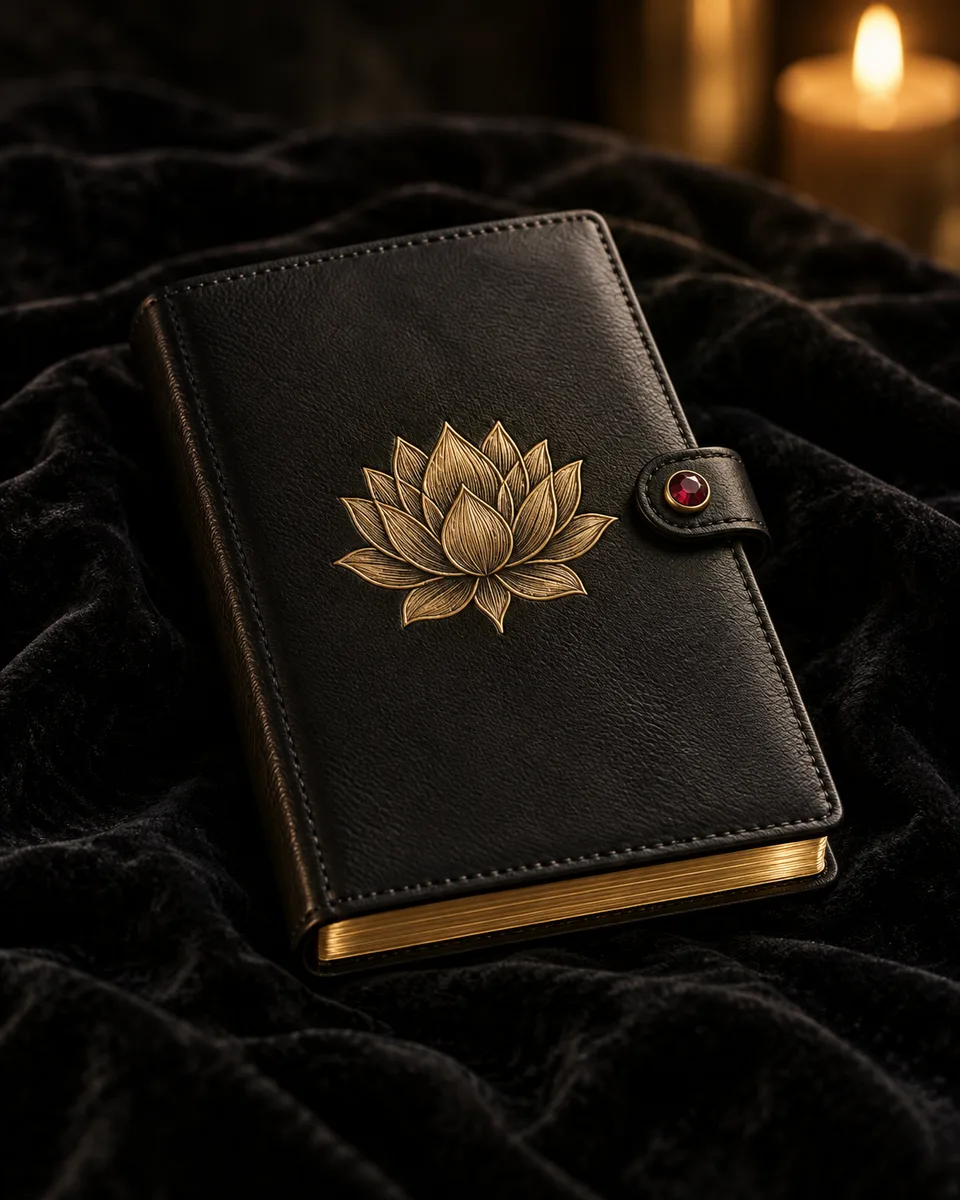 Uma caderneta de capa de couro preto com um lótus dourado em relevo, fecho com uma pedra de rubi e bordas douradas, sobre veludo preto.